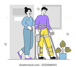 Man with exoskeleton rehabilitation. Woman in medical uniform helps young guy walk. Healthcare and medicine. Man with biomedical implant. Linear vector illustration isolated on white background