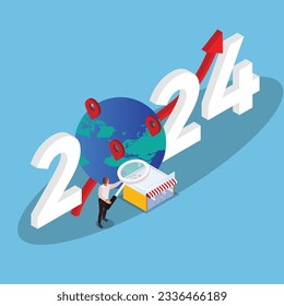 Man expands franchises in 2024 isometric 3d vector illustration concept for banner, website, illustration, landing page, flyer, etc