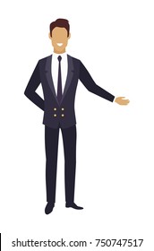 Man in expensive suit pointing on something by hand. Waiter in restaurant or door boy portier in hotel vector illustration of facelece male character