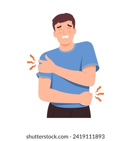 Man experience fatigue and exhaustion all over the body from work or continuous strenuous activities. male in pain, touching, massaging muscles, cuts, bruises, sports injuries. icon for infographics.