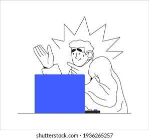 Man experience technical problems with laptop, computer. Concept operating system error or 404 page not found. Male character has problems with website, social media account, software and is puzzled.