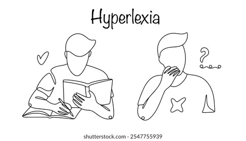 Um homem experimenta a capacidade de ler e escrever enquanto ao mesmo tempo tem uma capacidade reduzida de falar. Hiperlexia com problema psicológico. Ilustração de linha simples. Hiperlexia.