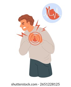 O homem sente dor torácica cardíaca. Ataque cardíaco. Paciente doente que sofre de arritmia. Doença cardiovascular. Sintoma doloroso. Azia e dor. Tratamento médico. Conceito de vetor