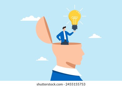 Man experiences eureka moment, illustrating lightbulb idea illuminating in his head. Concept of discovery of new solution to solve problem, business insight, inspiration, creativity, or innovation