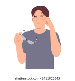 Man experiences eye strain from wearing glasses and feels tired. He has eye problems, inflammation, blurred vision, symptoms of eye disease. Flat design