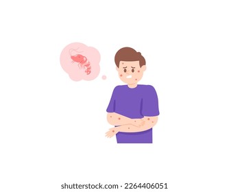 a man experiences itching from eating shrimp. shrimp or seafood allergy. scratching the skin from itching. skin rash and red skin. health problems and diseases. illustration concept design. vector 