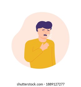 a man experiences shortness of breath or asthma. hands holding the chest and difficulty breathing. expression of a person whose chest is sick or unwell. flat style. vector design element