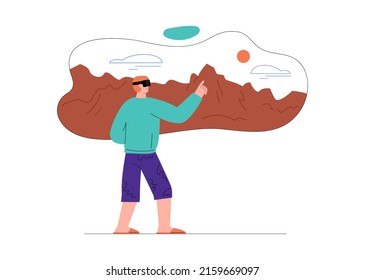 Man experiencing augmented reality app with VR goggles. Virtual reality for observing tourist attractions, flat vector illustration isolated on white background.