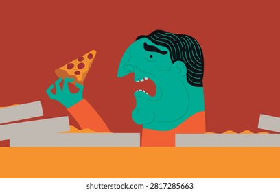 man experiencing a binge eating episode devouring pizza slices