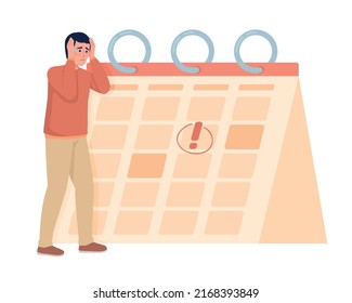 Man experiencing deadline anxiety semi flat color vector character. Editable figure. Simple cartoon style illustration for web graphic design and animation. Nerko One Regular, Quicksand fonts used