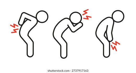 Man experiencing different body pains, including backache, headache, and knee pain. Health problem and medical condition concept for healthcare. Vector illustration