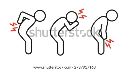 Man experiencing different body pains, including backache, headache, and knee pain. Health problem and medical condition concept for healthcare. Vector illustration