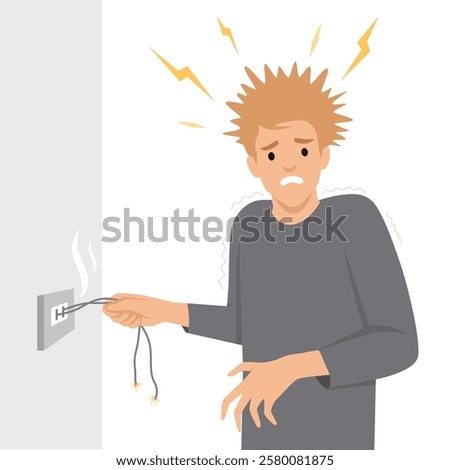 Man experiencing an electric shock after handling exposed wires. Electrical Shock Hazard. Flat vector illustration isolated on white background