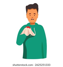 Mann mit Epistaxis, die ein Gewebe gegen die Nase hält, um die Blutung zu stoppen
