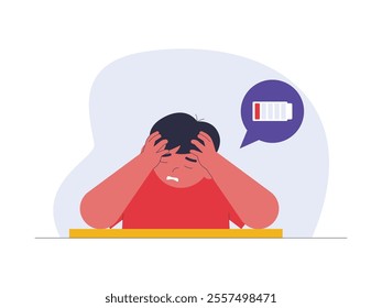 Man is experiencing exhaustion due to mental stress he is suffering, feeling frustrated and helpless, vector illustration of health problem.