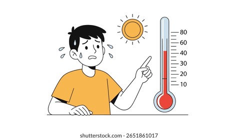 Man Experiencing Extreme Heat Looking at High Temperature Thermometer