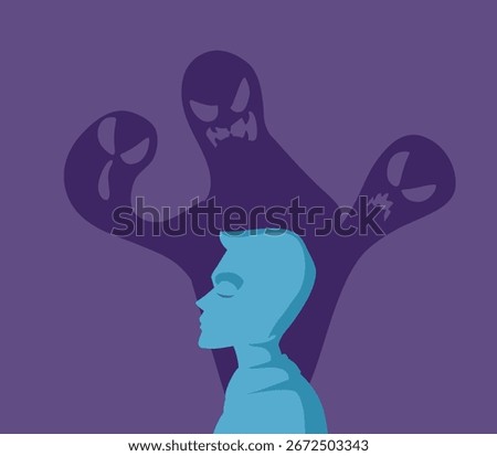 
Man Experiencing Fears Vector Mental Health Concept Illustration. Sad person deals with  mental health problems such as  schizophrenia