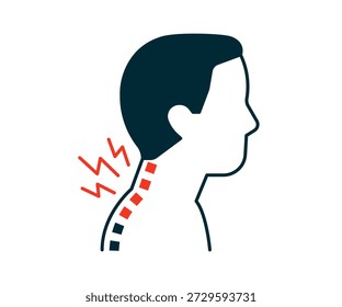 Man experiencing neck pain in spine icon. Head and upper spine with red indicators of discomfort. Health medical problem. Vector illustration