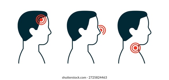 Man experiencing pain in head, nose, and throat icon. Signs for headache, sinusitis, and sore throat symptoms. Medical infographic for health. Vector illustration