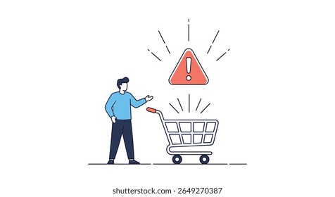 Homem Enfrentando Problemas no Carrinho de Compras e Recebendo um Alerta de Notificação de Aviso Durante o Processo de Compra Online