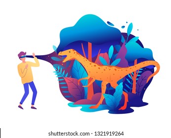 Man experiencing virtual reality game wearing vr goggles. Vector illustration.