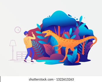 Man experiencing virtual reality game wearing vr goggles. Vector illustration.