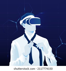 man experiencing virtual reality using headset. Metaverse digital cyber world technology vector background illustration