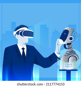 man experiencing virtual reality using headset. Metaverse digital cyber world technology vector background illustration