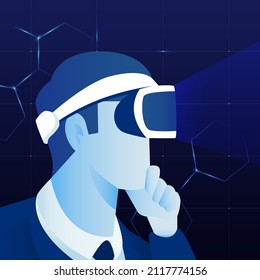 man experiencing virtual reality using headset. Metaverse digital cyber world technology vector background illustration