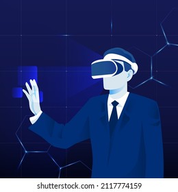 man experiencing virtual reality using headset. Metaverse digital cyber world technology vector background illustration