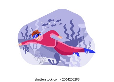 Un hombre experimentando el concepto de Ilustración del tour por el Mar Virtual. Ilustración plana aislada en fondo blanco.