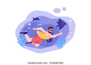 A man experiencing a virtual sea tour in the metaverse Illustration concept. Flat illustration isolated on white background.