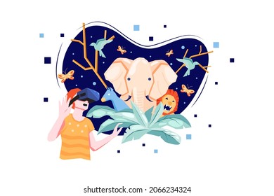 A man experiencing Virtual Zoo Illustration concept. Flat illustration isolated on white background.