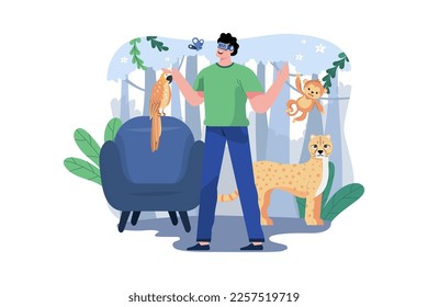 Man experiencing Virtual Zoo Illustration concept on white background