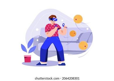 Ein Mann mit dem Konzept der VR Gaming Illustration. Flache Illustration einzeln auf weißem Hintergrund.