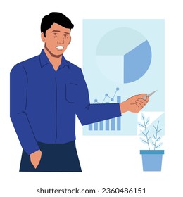 explicación del hombre que muestra el gráfico circular del gráfico de finanzas en una ilustración plana