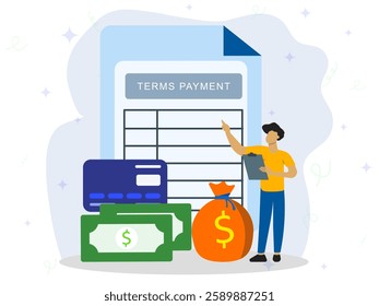A man explaining about terms payment with big icon of money, credit card, money bagnd document of policies. Payment options, terms and conditions, privacy policies. 