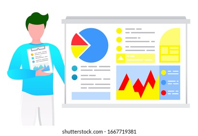 Man explaining analytics and statistics diagrams on presentation. Person telling about project plans and strategies. Guy hold pad with documents. Vector illustration of office meeting in flat style