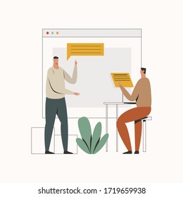 man explaining concept, teacher with student, people meeting, pitching concept vector illustration