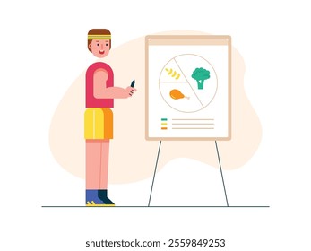 Man explaining food menu to build muscle after exercise. Character design. Vector flat illustration