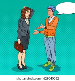 Man Explaining his New Idea to Businesswoman. Pop Art vector illustration