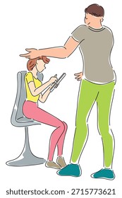 Hombre explicando ideas a la mujer en el trabajo Ilustración
Un hombre de pie y haciendo gestos mientras una mujer se sienta y toma notas. Temas: colaboración en equipo, coaching de oficina, mentoría y discusión creativa.