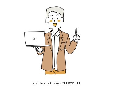 A man explaining with a laptop in his hand, a comical handwritten person, a vector, and simple coloring of line drawings.