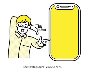 Man explaining next to a blank smartphone screen