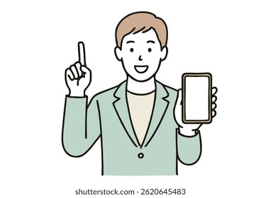 Man explaining something with smartphone in hand, white background