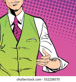 A man explaining something. Speaking man. The man at the podium speaks. Handsome young businessman holding up his hand and giving advice. Concept idea of advertisement and promo. Halftone background.