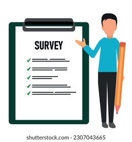 Man explaining survey with check mark.