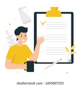 Man explaining to-do-list agenda. Flat cartoon design vector illustration.