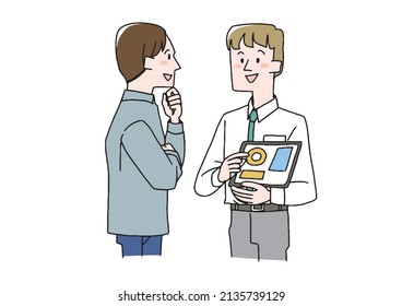 A man explaining while showing a tablet, a comical handwritten person, a vector, and simple coloring of line drawings.