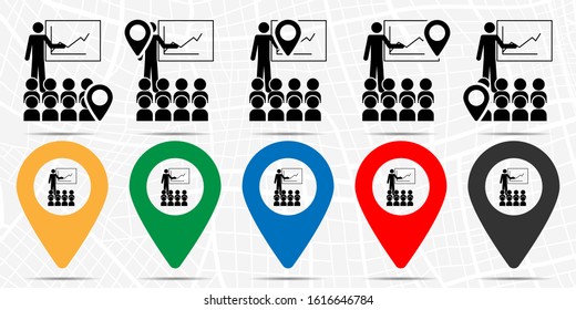 The man explains to the audience icon in location set. Simple glyph, flat illustration element of people theme icons
